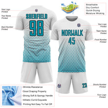 Load image into Gallery viewer, Custom White Teal-Black Geometric Hexagonal Dot Gradient Sublimation Soccer Uniform Jersey
