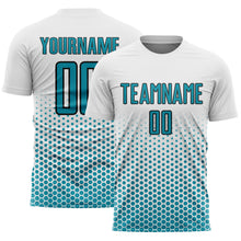 Load image into Gallery viewer, Custom White Teal-Black Geometric Hexagonal Dot Gradient Sublimation Soccer Uniform Jersey