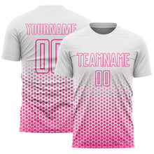 Laden Sie das Bild in den Galerie-Viewer, Custom White-Pink Geometric Hexagonal Dot Gradient Sublimation Soccer Uniform Jersey