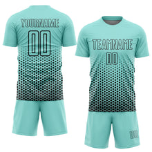 Laden Sie das Bild in den Galerie-Viewer, Custom Ice Blue-Black Geometric Hexagonal Dot Gradient Sublimation Soccer Uniform Jersey