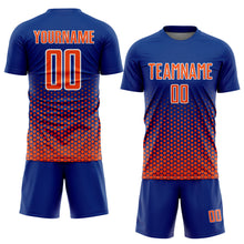 Laden Sie das Bild in den Galerie-Viewer, Custom Royal Orange-White Geometric Hexagonal Dot Gradient Sublimation Soccer Uniform Jersey