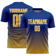 Laden Sie das Bild in den Galerie-Viewer, Custom Royal Gold-White Geometric Hexagonal Dot Gradient Sublimation Soccer Uniform Jersey