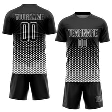 Load image into Gallery viewer, Custom Black-White Geometric Hexagonal Dot Gradient Sublimation Soccer Uniform Jersey