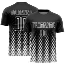 Load image into Gallery viewer, Custom Black-White Geometric Hexagonal Dot Gradient Sublimation Soccer Uniform Jersey