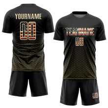 Laden Sie das Bild in den Galerie-Viewer, Custom Black Vintage USA Flag Olive-Cream Geometric Hexagonal Dot Gradient Sublimation Soccer Uniform Jersey