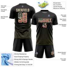 Laden Sie das Bild in den Galerie-Viewer, Custom Black Vintage USA Flag Olive-Cream Geometric Hexagonal Dot Gradient Sublimation Soccer Uniform Jersey