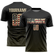 Laden Sie das Bild in den Galerie-Viewer, Custom Black Vintage USA Flag Olive-Cream Geometric Hexagonal Dot Gradient Sublimation Soccer Uniform Jersey