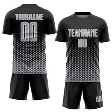 Load image into Gallery viewer, Custom Black Gray-White Geometric Hexagonal Dot Gradient Sublimation Soccer Uniform Jersey