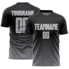 Load image into Gallery viewer, Custom Black Gray-White Geometric Hexagonal Dot Gradient Sublimation Soccer Uniform Jersey