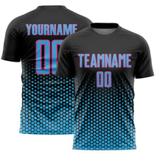 Load image into Gallery viewer, Custom Black Sky Blue-Pink Geometric Hexagonal Dot Gradient Sublimation Soccer Uniform Jersey