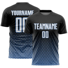 Загрузить изображение в средство просмотра галереи, Custom Black White-Light Blue Geometric Hexagonal Dot Gradient Sublimation Soccer Uniform Jersey