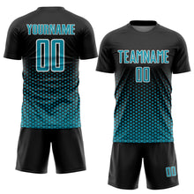 Laden Sie das Bild in den Galerie-Viewer, Custom Black Teal-White Geometric Hexagonal Dot Gradient Sublimation Soccer Uniform Jersey