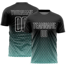 Laden Sie das Bild in den Galerie-Viewer, Custom Black Ice Blue-White Geometric Hexagonal Dot Gradient Sublimation Soccer Uniform Jersey