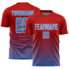 Laden Sie das Bild in den Galerie-Viewer, Custom Red Powder Blue-White Geometric Hexagonal Dot Gradient Sublimation Soccer Uniform Jersey