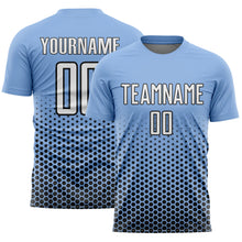 Загрузить изображение в средство просмотра галереи, Custom Light Blue White-Black Geometric Hexagonal Dot Gradient Sublimation Soccer Uniform Jersey