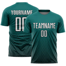 Charger l'image dans la galerie, Custom Teal White-Black Geometric Hexagonal Dot Gradient Sublimation Soccer Uniform Jersey