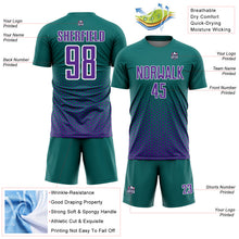 Laden Sie das Bild in den Galerie-Viewer, Custom Teal Purple-White Geometric Hexagonal Dot Gradient Sublimation Soccer Uniform Jersey