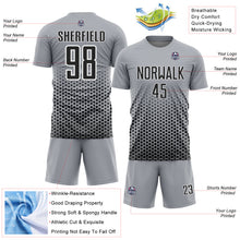 Load image into Gallery viewer, Custom Gray Black-White Geometric Hexagonal Dot Gradient Sublimation Soccer Uniform Jersey