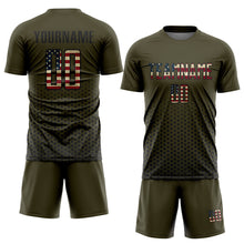 Laden Sie das Bild in den Galerie-Viewer, Custom Olive Vintage USA Flag-Black Geometric Hexagonal Dot Gradient Sublimation Soccer Uniform Jersey