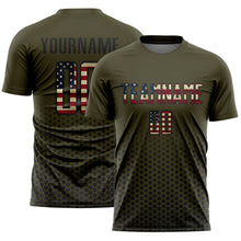 Laden Sie das Bild in den Galerie-Viewer, Custom Olive Vintage USA Flag-Black Geometric Hexagonal Dot Gradient Sublimation Soccer Uniform Jersey