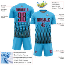 Laden Sie das Bild in den Galerie-Viewer, Custom Sky Blue Black-Pink Geometric Hexagonal Dot Gradient Sublimation Soccer Uniform Jersey