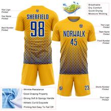 Laden Sie das Bild in den Galerie-Viewer, Custom Gold Royal-White Geometric Hexagonal Dot Gradient Sublimation Soccer Uniform Jersey