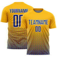 Laden Sie das Bild in den Galerie-Viewer, Custom Gold Royal-White Geometric Hexagonal Dot Gradient Sublimation Soccer Uniform Jersey
