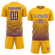 Laden Sie das Bild in den Galerie-Viewer, Custom Gold Purple-White Geometric Hexagonal Dot Gradient Sublimation Soccer Uniform Jersey