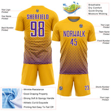 Laden Sie das Bild in den Galerie-Viewer, Custom Gold Purple-White Geometric Hexagonal Dot Gradient Sublimation Soccer Uniform Jersey