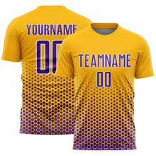 Laden Sie das Bild in den Galerie-Viewer, Custom Gold Purple-White Geometric Hexagonal Dot Gradient Sublimation Soccer Uniform Jersey