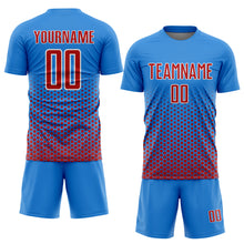 Laden Sie das Bild in den Galerie-Viewer, Custom Powder Blue Red-White Geometric Hexagonal Dot Gradient Sublimation Soccer Uniform Jersey