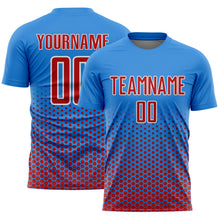 Laden Sie das Bild in den Galerie-Viewer, Custom Powder Blue Red-White Geometric Hexagonal Dot Gradient Sublimation Soccer Uniform Jersey
