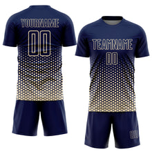 Laden Sie das Bild in den Galerie-Viewer, Custom Navy-Cream Geometric Hexagonal Dot Gradient Sublimation Soccer Uniform Jersey
