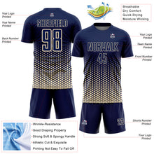 Laden Sie das Bild in den Galerie-Viewer, Custom Navy-Cream Geometric Hexagonal Dot Gradient Sublimation Soccer Uniform Jersey