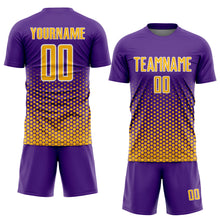 Laden Sie das Bild in den Galerie-Viewer, Custom Purple Gold-White Geometric Hexagonal Dot Gradient Sublimation Soccer Uniform Jersey