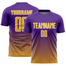 Laden Sie das Bild in den Galerie-Viewer, Custom Purple Gold-White Geometric Hexagonal Dot Gradient Sublimation Soccer Uniform Jersey