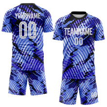 Laden Sie das Bild in den Galerie-Viewer, Custom Blue White-Black Abstract Swirl Wave Grunge Splatter Sublimation Soccer Uniform Jersey