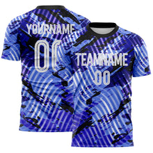 Laden Sie das Bild in den Galerie-Viewer, Custom Blue White-Black Abstract Swirl Wave Grunge Splatter Sublimation Soccer Uniform Jersey