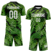 Laden Sie das Bild in den Galerie-Viewer, Custom Green White-Black Abstract Swirl Wave Grunge Splatter Sublimation Soccer Uniform Jersey