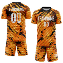 Laden Sie das Bild in den Galerie-Viewer, Custom Gold White-Black Abstract Swirl Wave Grunge Splatter Sublimation Soccer Uniform Jersey