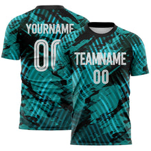 Load image into Gallery viewer, Custom Aqua White-Black Abstract Swirl Wave Grunge Splatter Sublimation Soccer Uniform Jersey