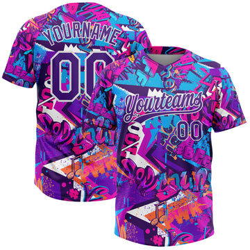 Custom Graffiti Pattern Purple-White 3D Bright Psychedelic Two-Button Unisex Softball Jersey