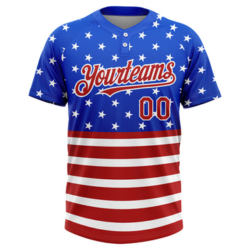 Custom Royal Red-White 3D American Flag Fashion Two-Button Unisex Softball Jersey