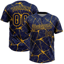 Load image into Gallery viewer, Custom Navy Gold 3D Pattern Abstract Network Two-Button Unisex Softball Jersey
