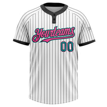 Load image into Gallery viewer, Custom White Black Pinstripe Teal-Pink Two-Button Unisex Softball Jersey