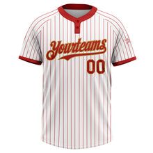 Load image into Gallery viewer, Custom White Red Pinstripe Old Gold Two-Button Unisex Softball Jersey