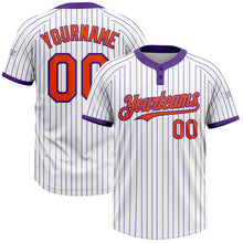 Load image into Gallery viewer, Custom White Purple Pinstripe Orange Two-Button Unisex Softball Jersey