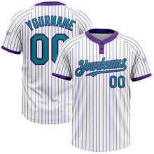 Load image into Gallery viewer, Custom White Purple Pinstripe Teal Two-Button Unisex Softball Jersey