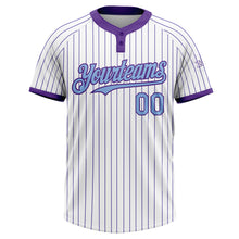 Load image into Gallery viewer, Custom White Purple Pinstripe Light Blue Two-Button Unisex Softball Jersey