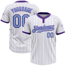 Load image into Gallery viewer, Custom White Purple Pinstripe Light Blue Two-Button Unisex Softball Jersey